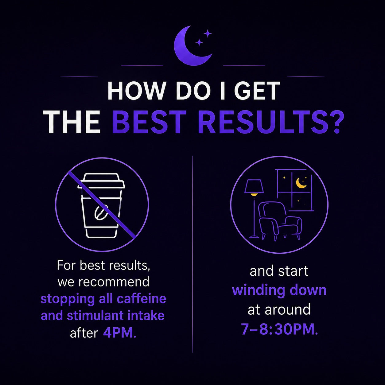 For best results, stop caffeine and stimulant intake after 4 PM and begin winding down around 7 to 8:30 PM